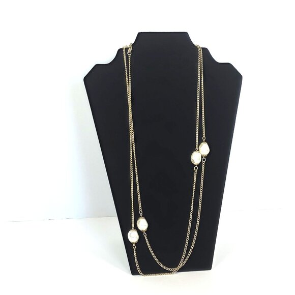 Jewelry - Vintage 35" Long Gold Tone Faux Pearl Necklace